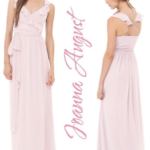 JOANNA AUGUST Lacey Blush Pink Formal V-Neck Wedding Party Ruffle Wrap Dress, XS - Picture 4 of 8